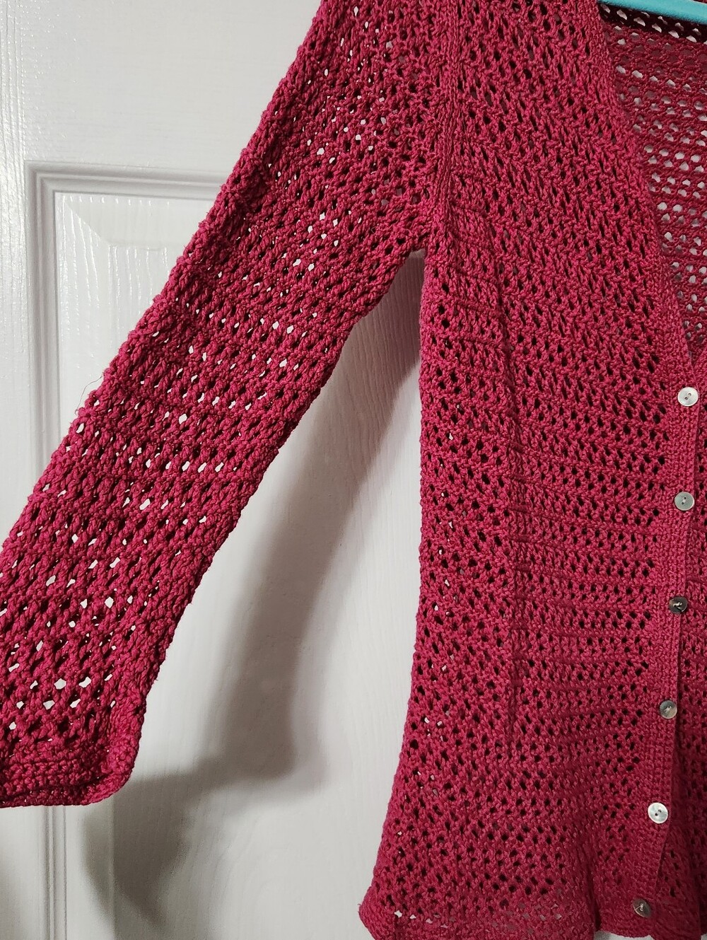 Eddie Bauer Fuchsia Open-Knit Crocheted Button Front Cardigan, Size M - Picture 3 of 5